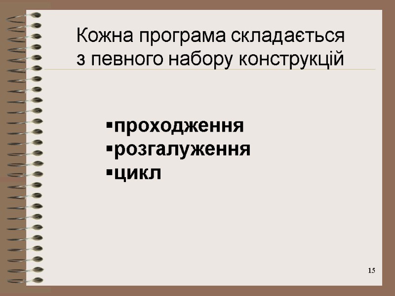 15 Кожна програма складається  з певного набору конструкцій проходження розгалуження цикл